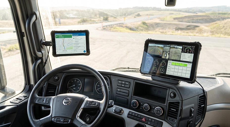 8-inch and 10-inch rugged tablets mounted in a truck cab, showing sight line and mirror visibility differences