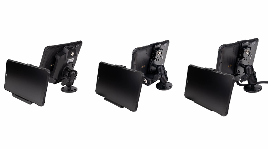 Quick-release dock and all-metal fixed dock side by side for rugged tablet retention comparison